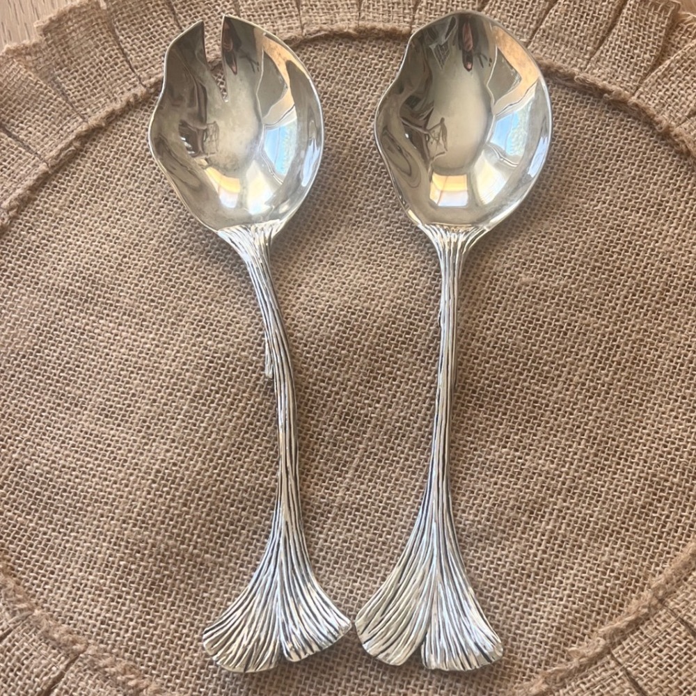 Silea Silver Plated Ginkgo Leaf Salad Servers Set 2 Piece Botanical Design